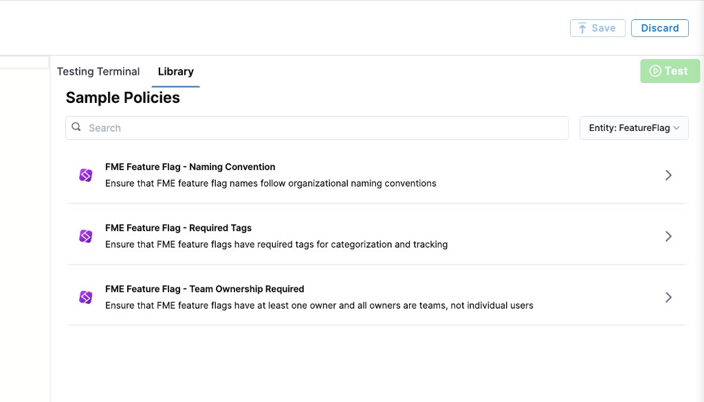 FME Feature Flag sample policies in the Library panel