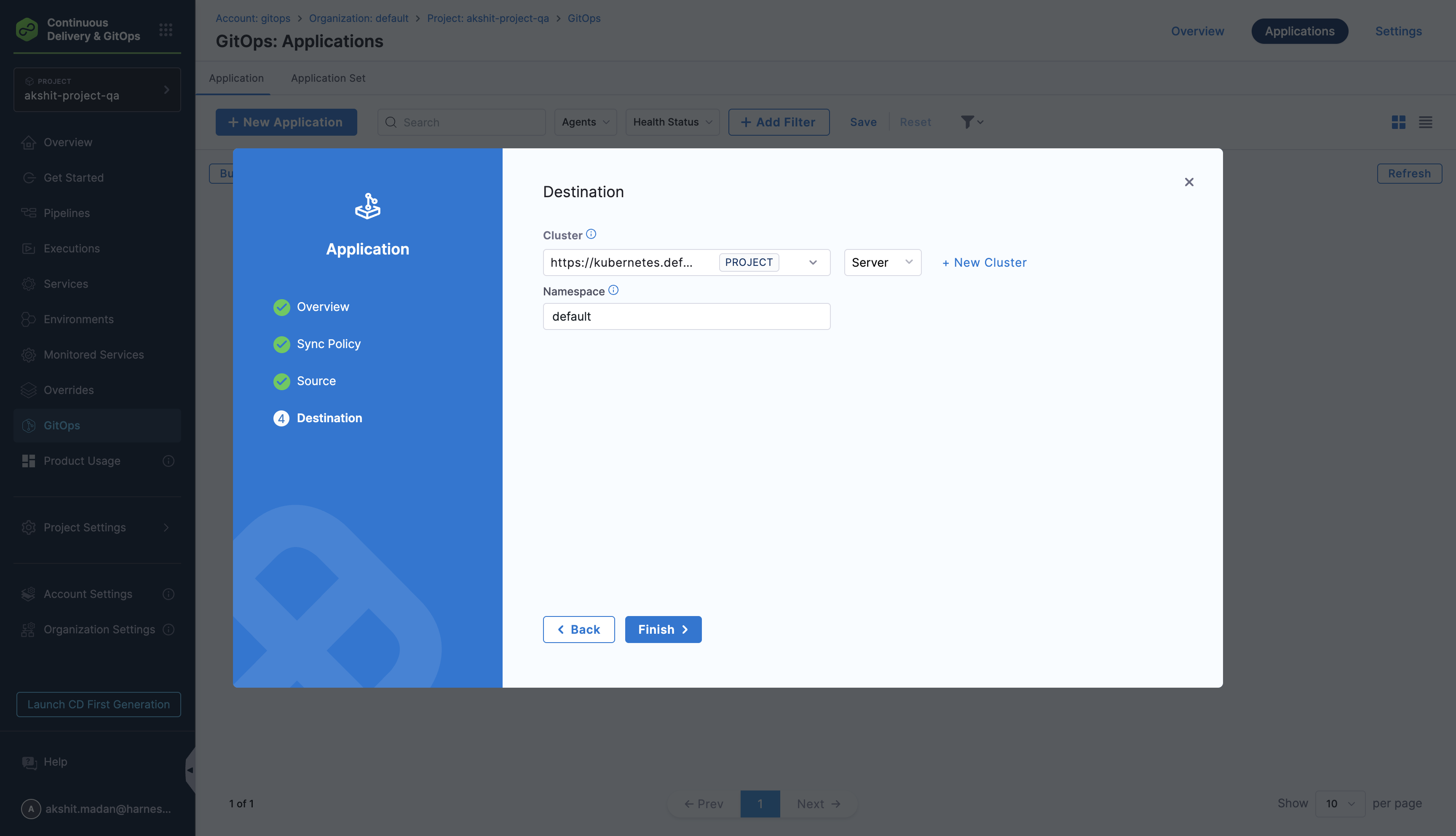 GitOps Application destination configuration showing Cluster and Namespace selection