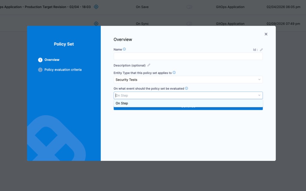 Security Tests policy set — entity type and event