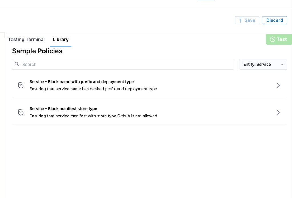 Service sample policies in the Library panel