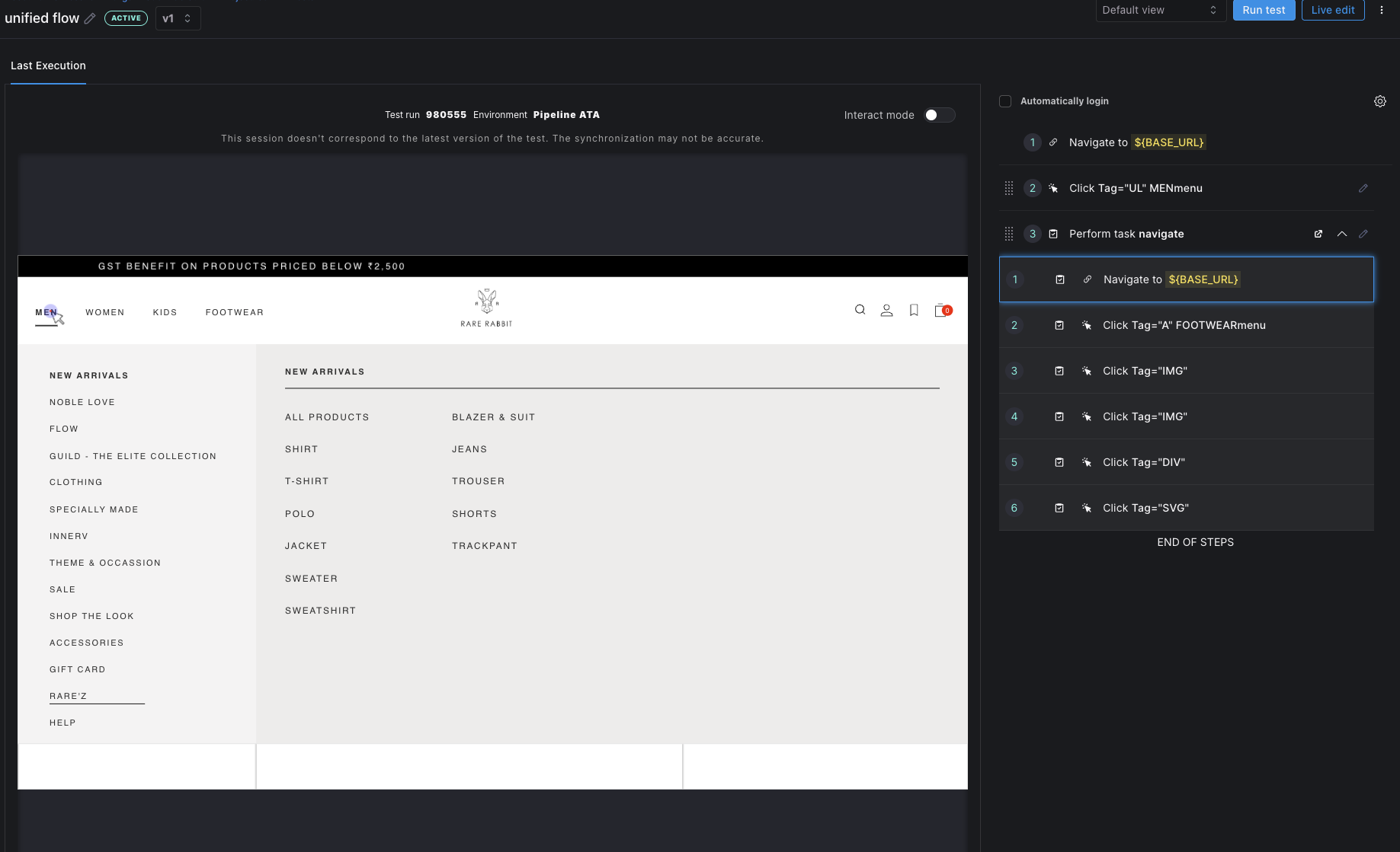 Test steps panel showing a task expanded into its underlying steps